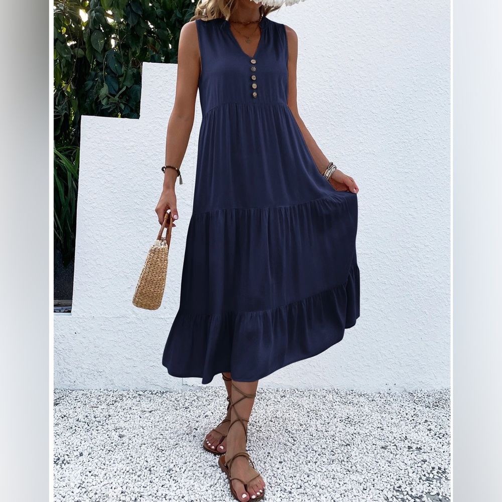 Boho Viscose Button Detail Layered Hem Smock Dress Maxi Blue - Picture 5 of 7